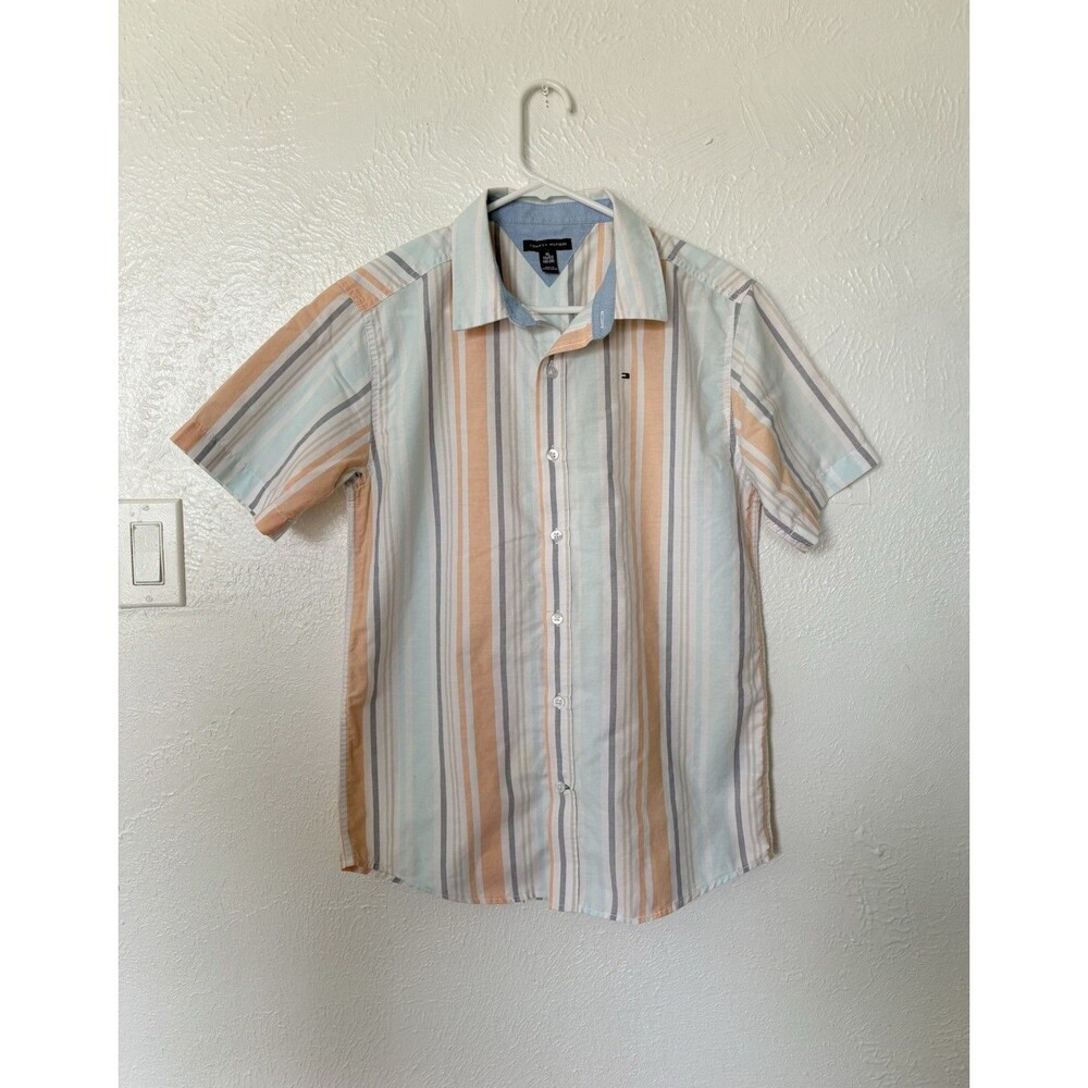 Tommy Hilfiger Boys Orange, Teal, White & Gray Striped Short Sleeve Shirt SZ XL